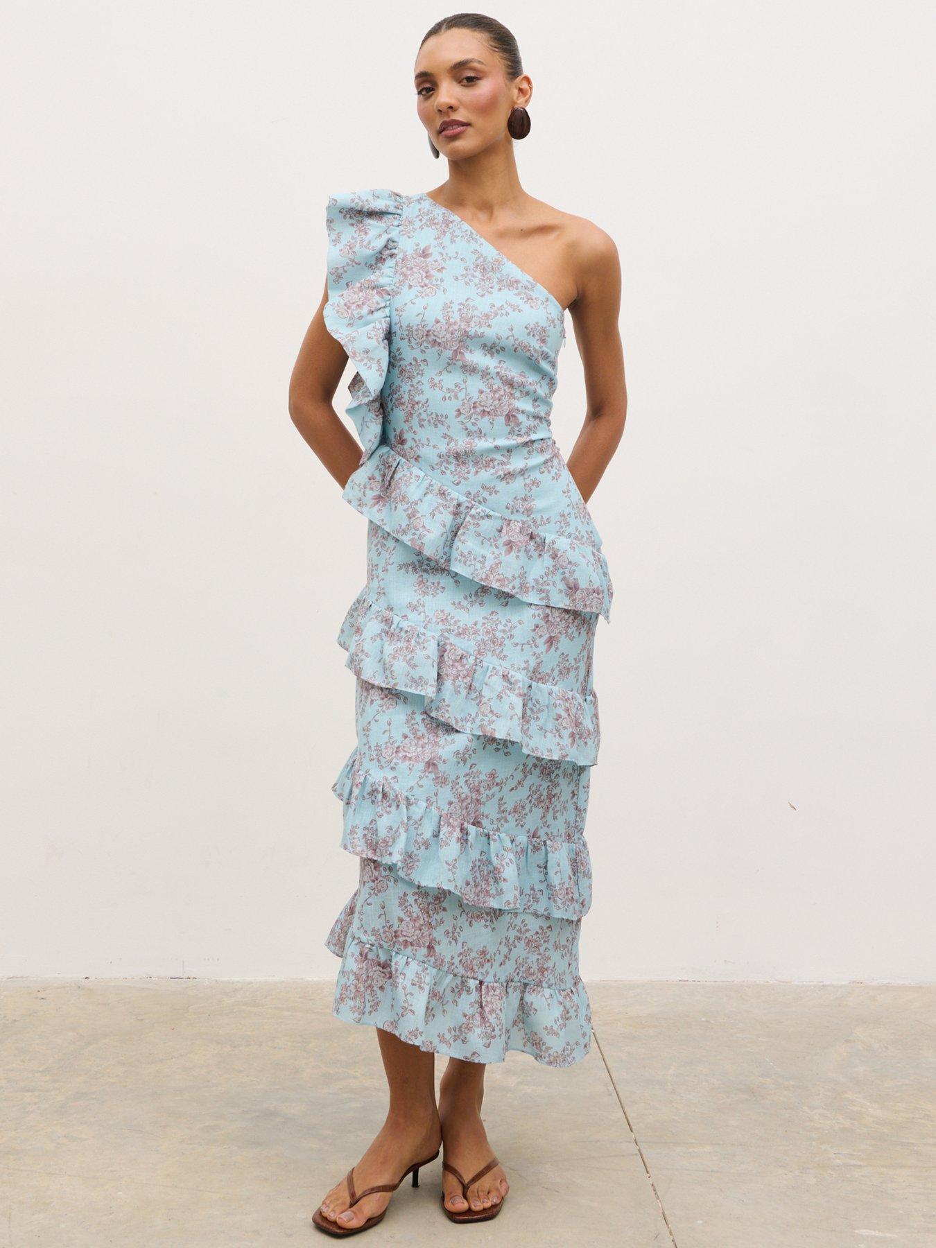 Pretty Lavish Fleur Tiered Frill One Shoulder Midaxi Dress- Seaspray/Brown Floral Print
