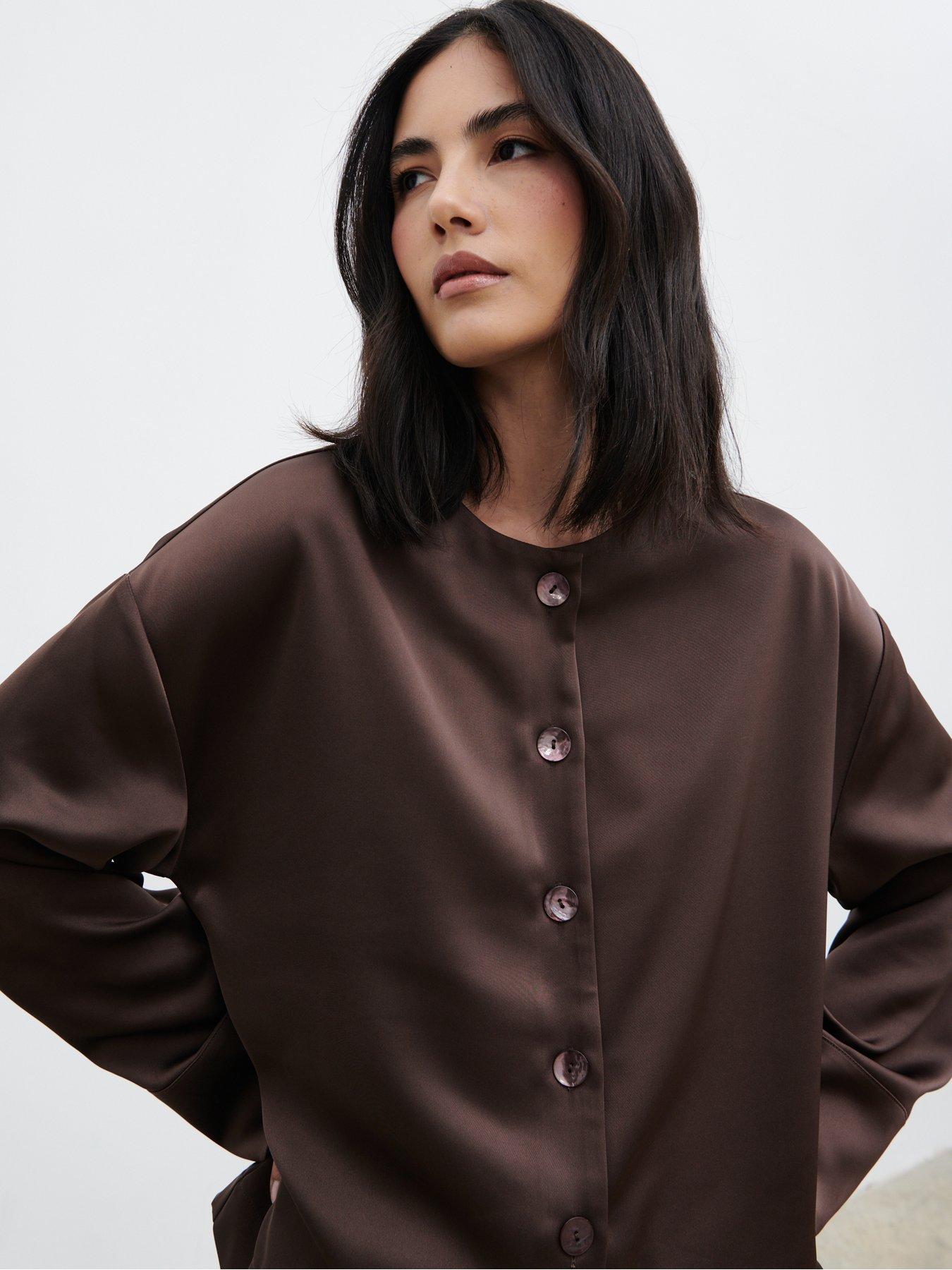 Pretty Lavish Dua Satin Button Blouse - Chocolate Brown