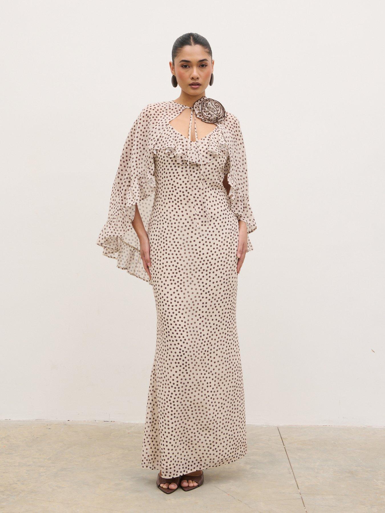 Pretty Lavish Oriana Corsage Cape Maxi Dress - Cream/Brown Polka-Dot Print