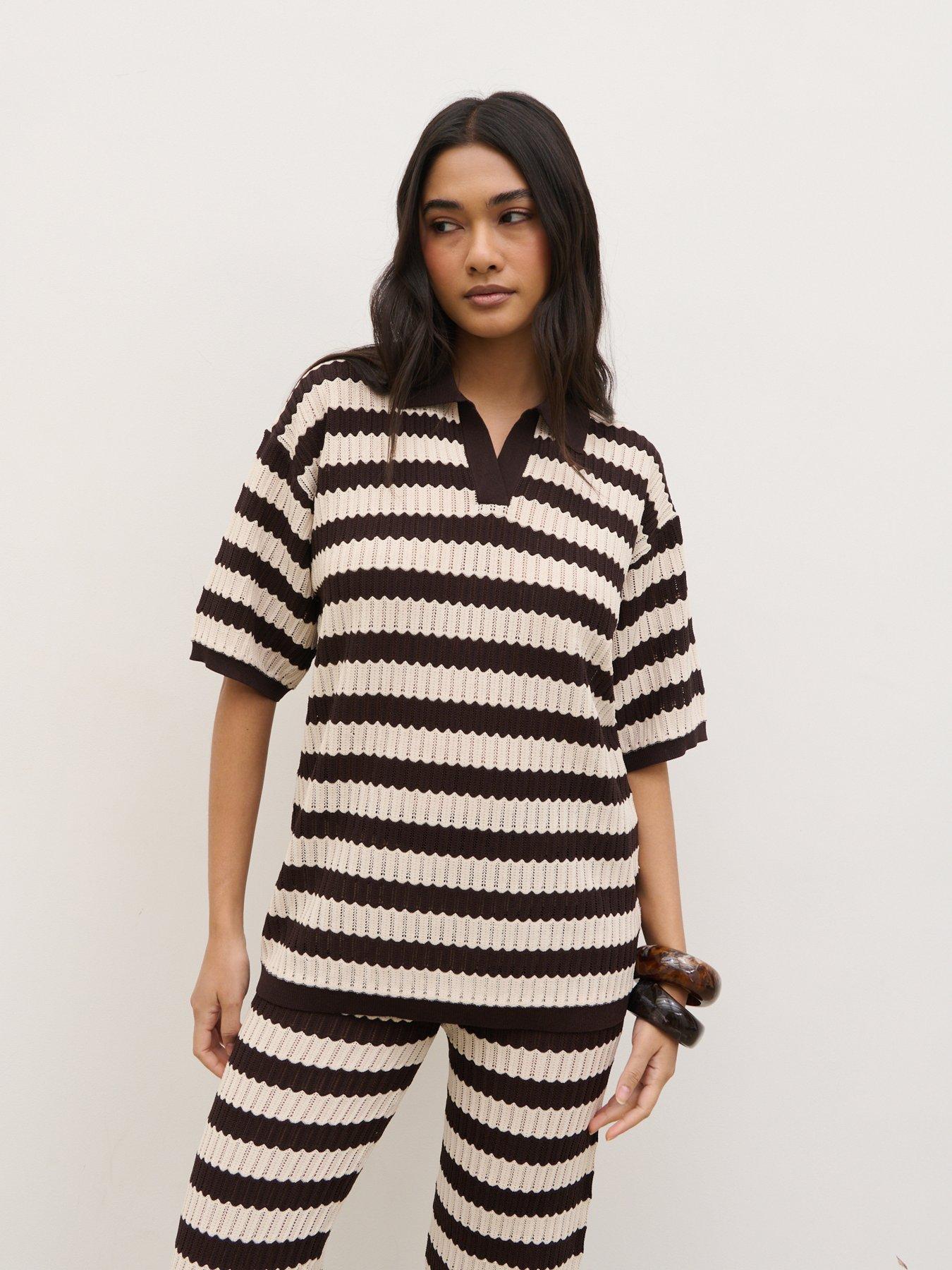 Pretty Lavish Venezia Stripe Knit Polo Top - Brown/Cream