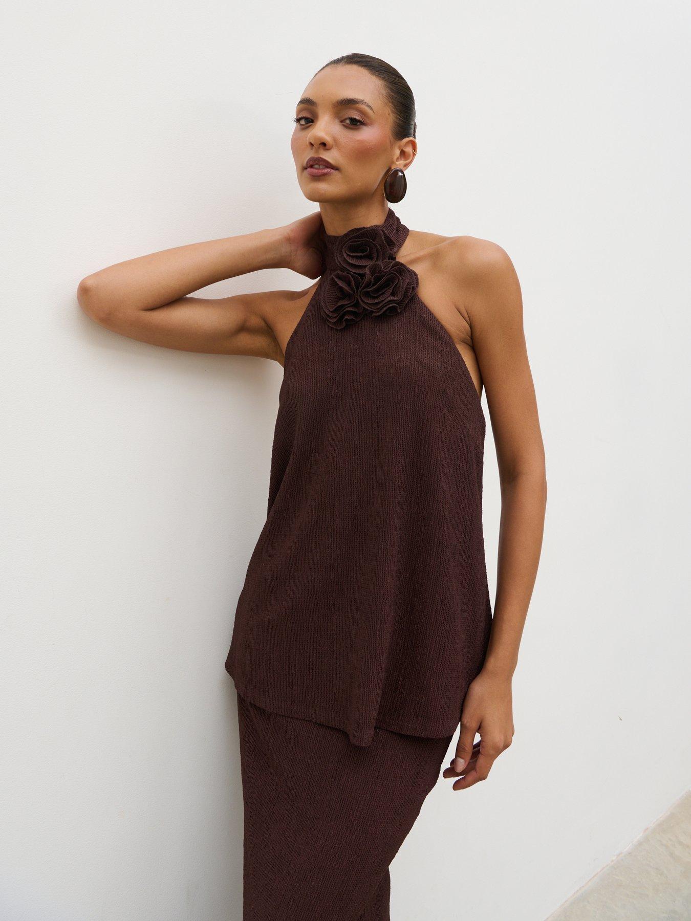 Pretty Lavish Evalina Corsage Halterneck Top - Brown