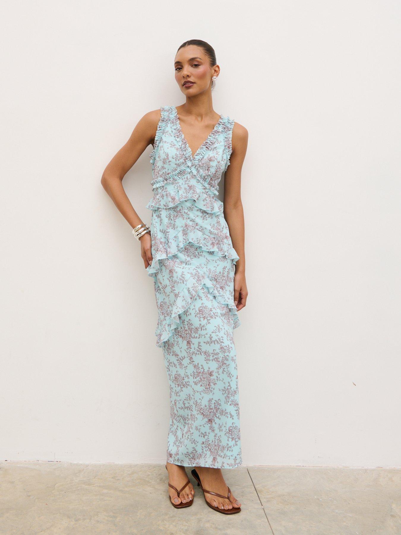 Pretty Lavish Aurelia Ruffle Maxi Dress - Seaspray/Brown Floral Print