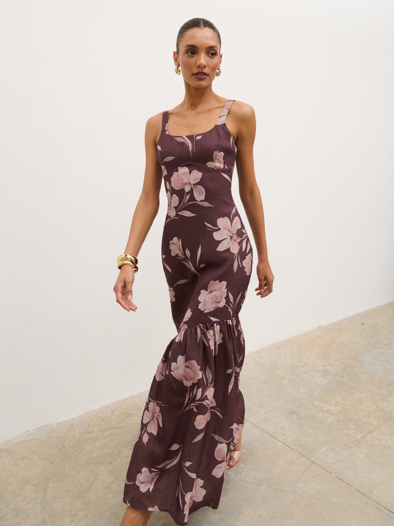 Pretty Lavish Kaia Scoop Neck Printed Frill Maxi Dress - Brown/Botanical Lily Floral Print