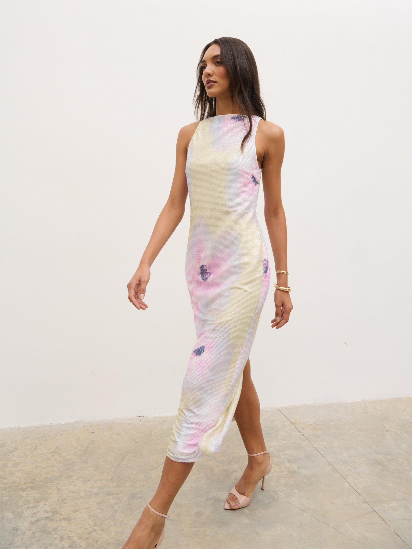 Pretty Lavish Lilou Printed Sequin Midaxi Dress- Apricot And Lilac Floral - Multi