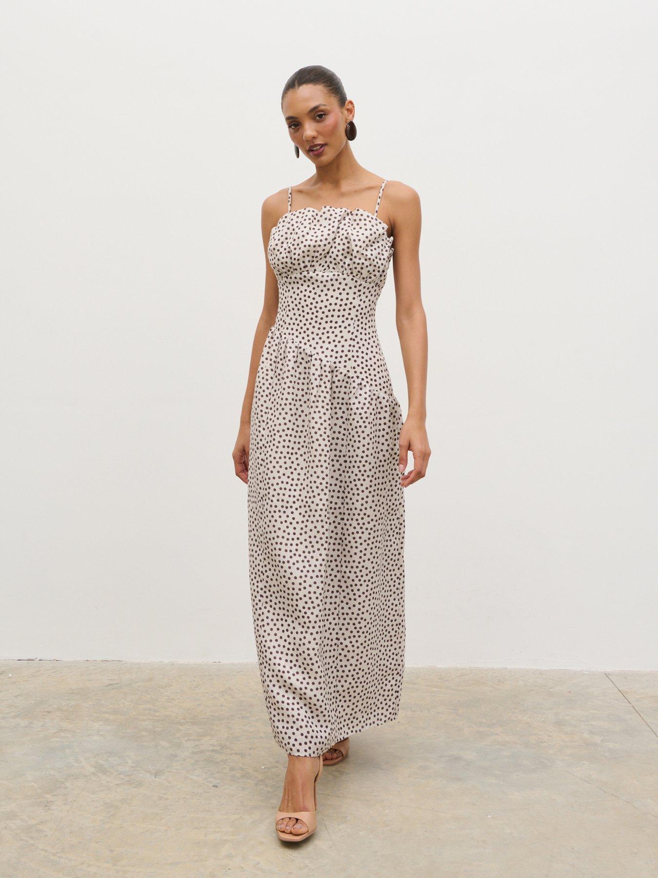 Pretty Lavish Zaria Corset Detail Maxi Dress - Cream/Brown Polka-Dot