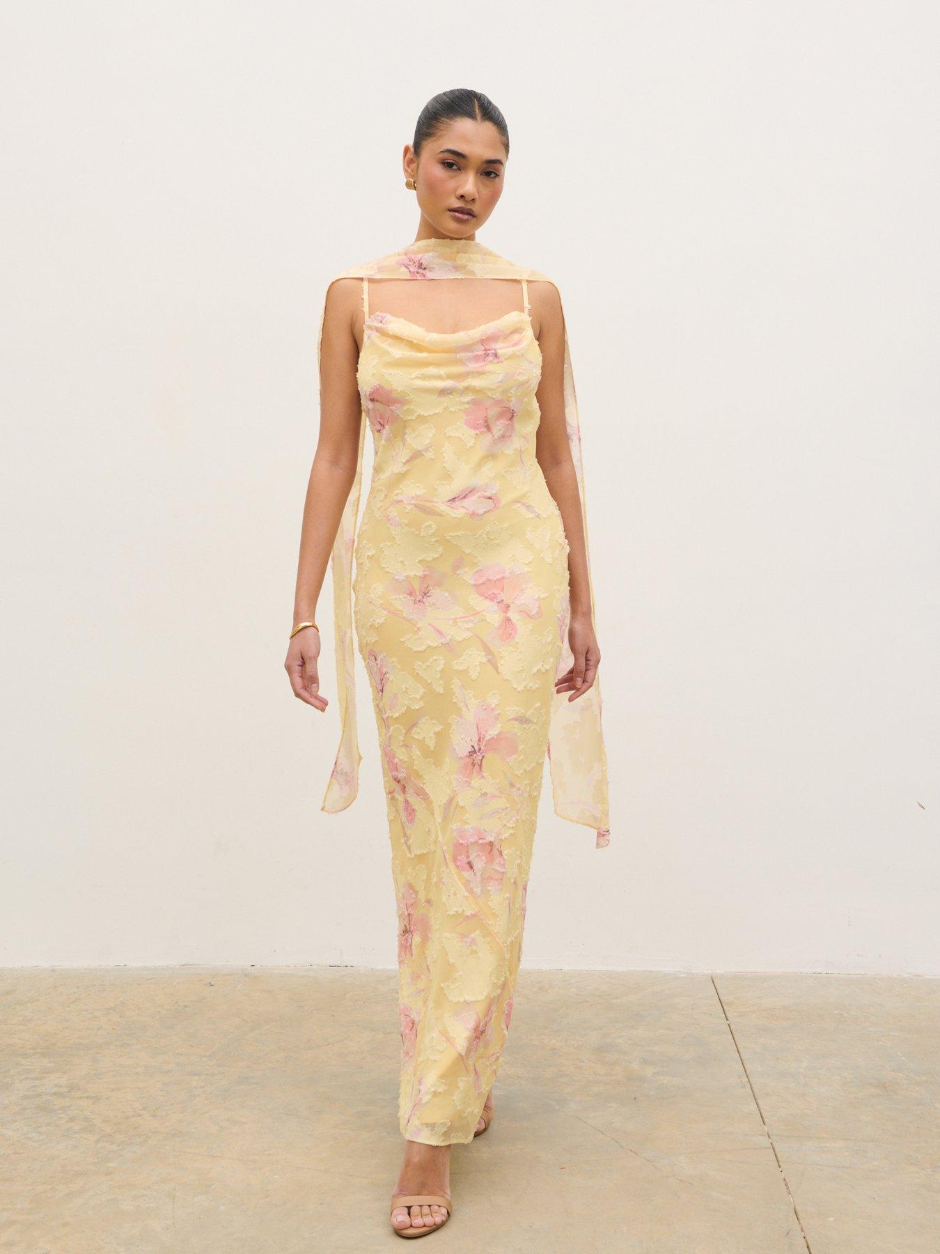 Pretty Lavish Eden Scarf Jacquard Printed Maxi Dress - Lemon Blush Floral - Yellow