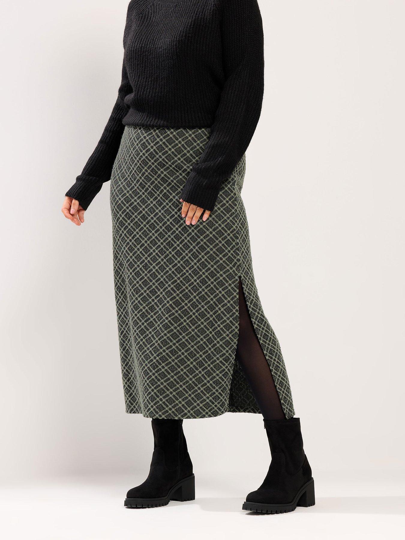 yours-curve-midi-ponte-check-print-skirt-green