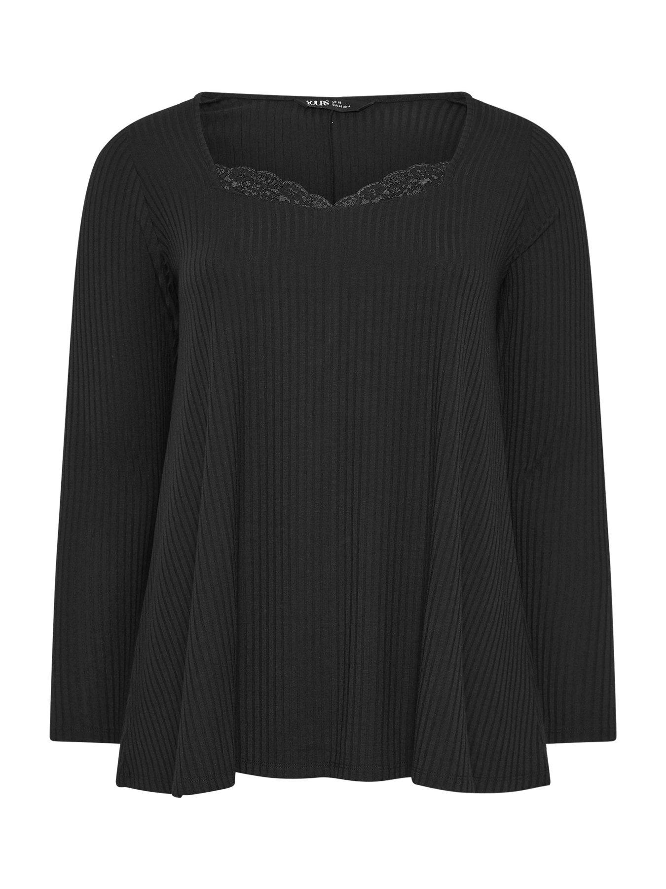 Yours Curve Lace Insert Rib Top - Black | Very Ireland