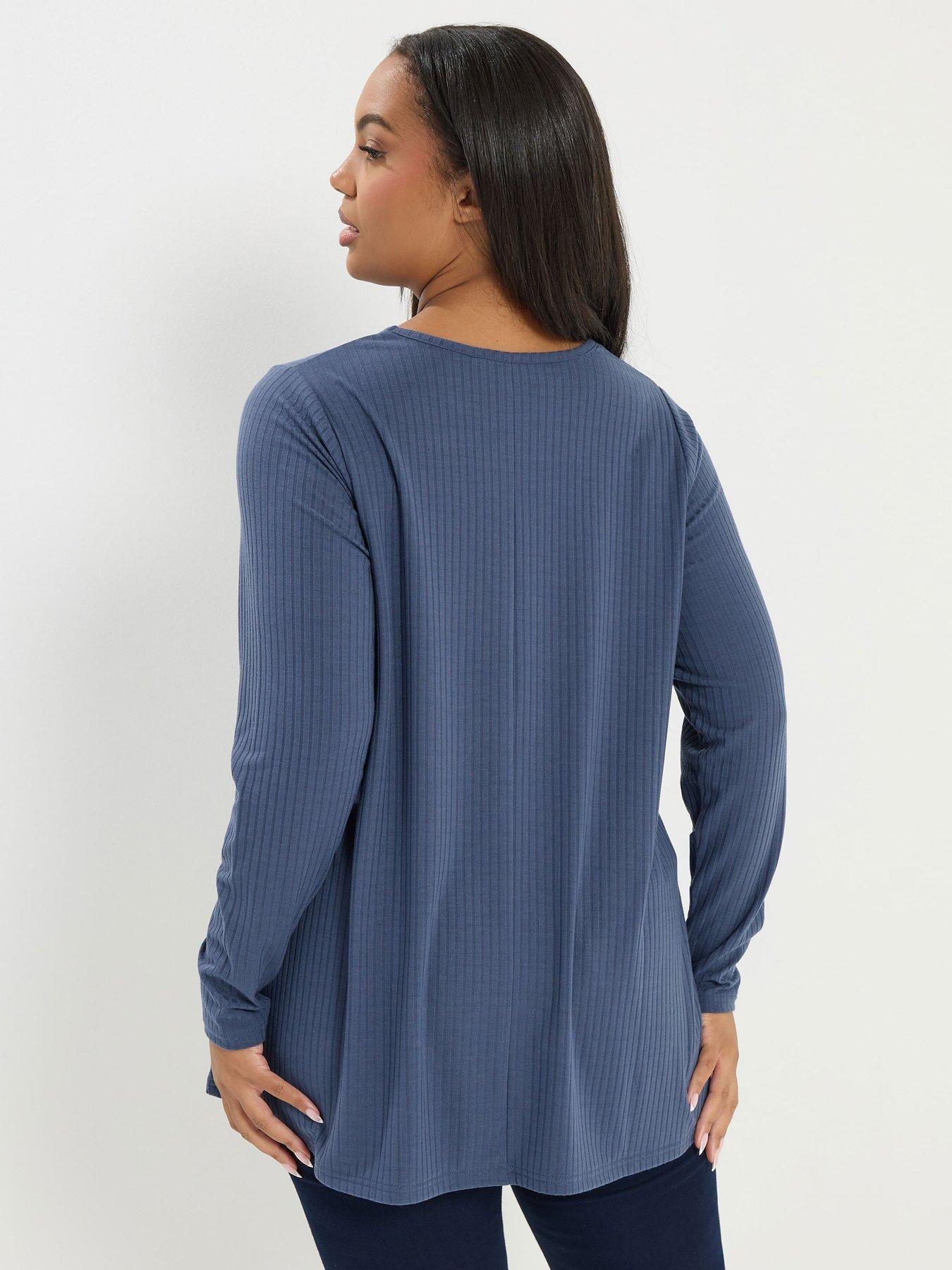 yours-curve-long-sleeve-rib-swing-top-bluestillFront