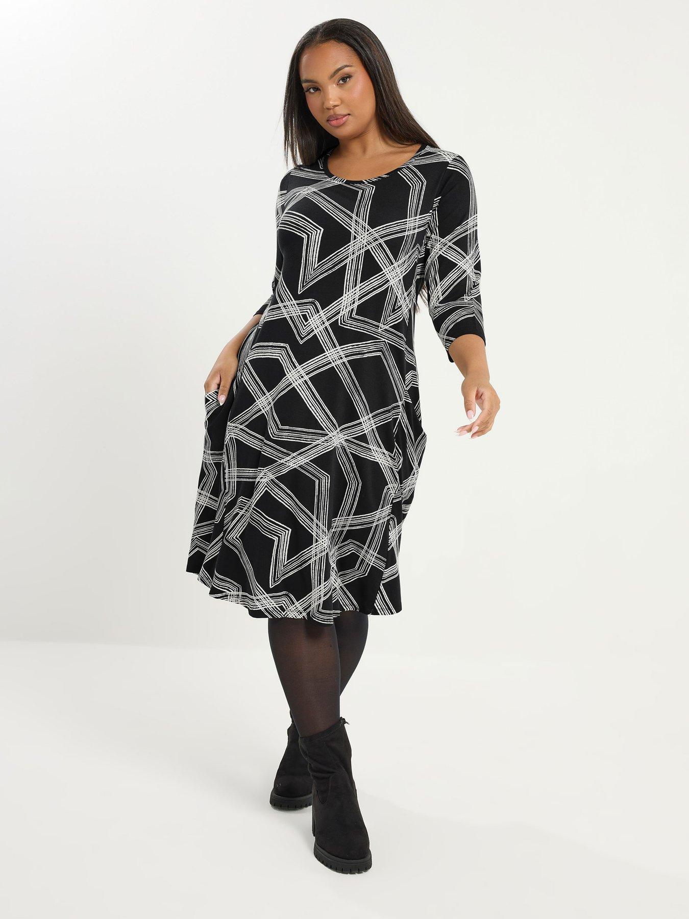 Image 1 of 4 of Yours Curve Geometric Drape Pocket Dress - Black