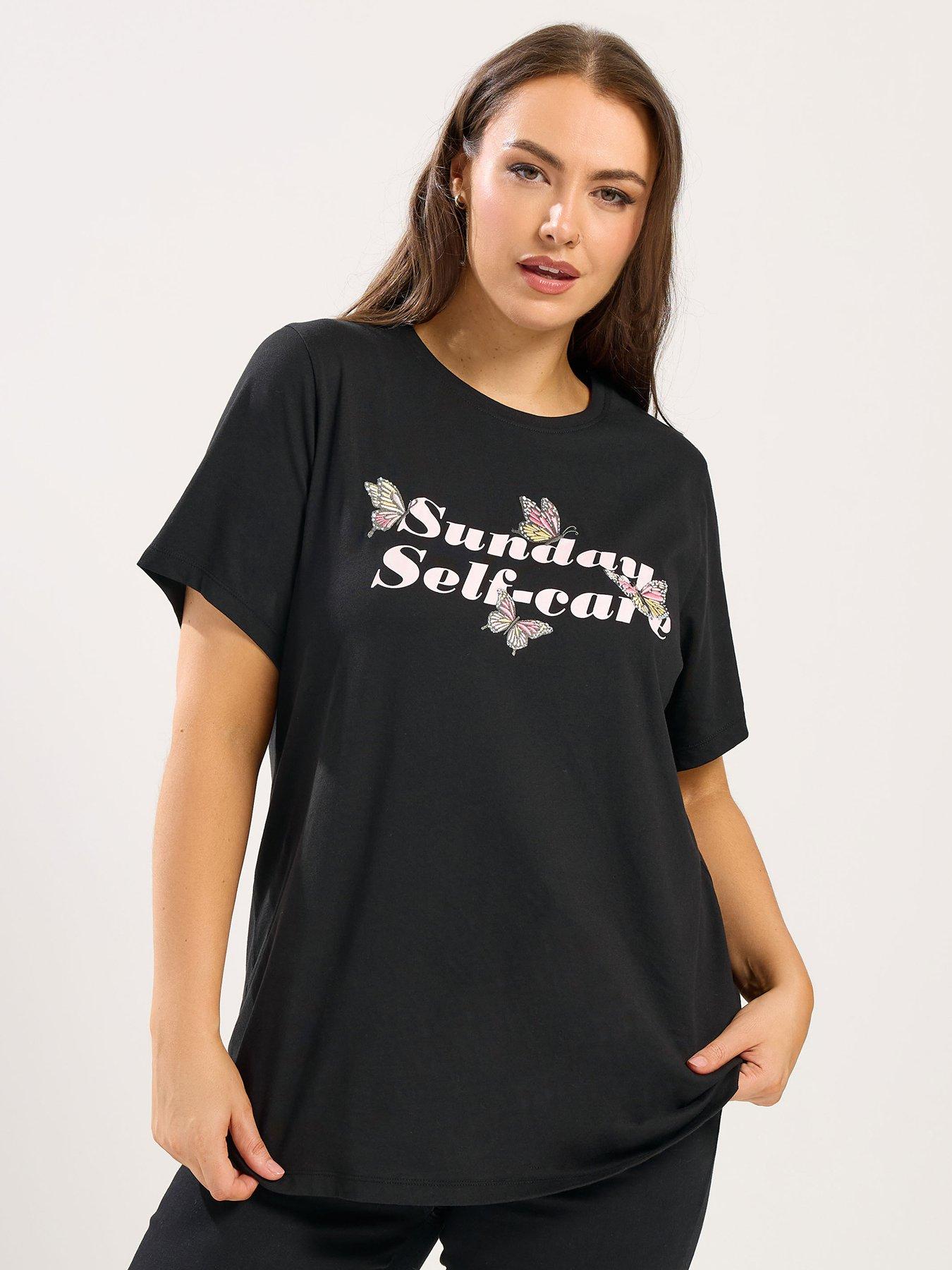Yours Curve Set In Sleeve Placement Sunday T-shirt - Black