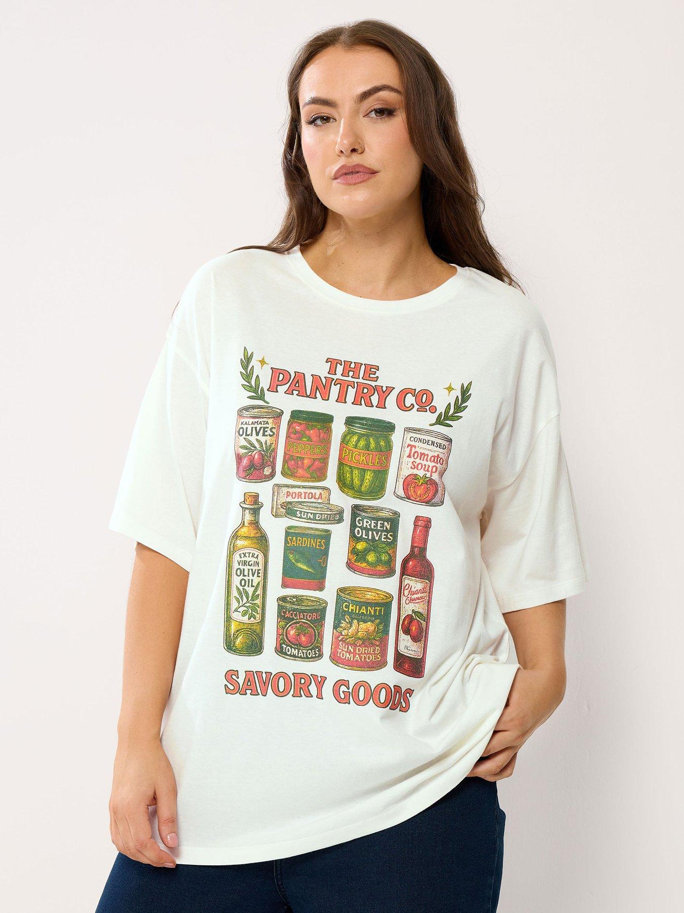 Yours Curve Relaxed Placement Pantry T-shirt - Cream