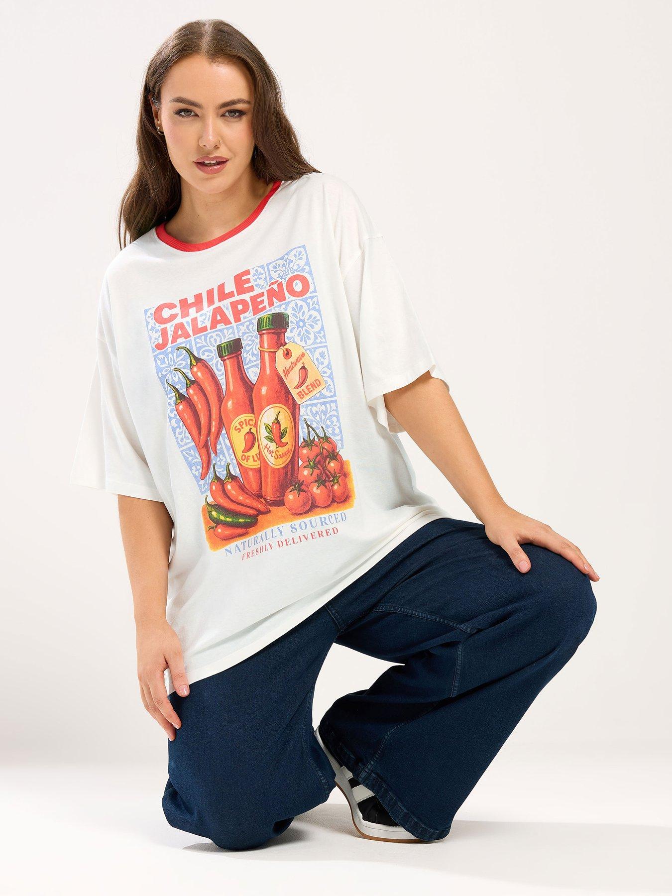 Yours Curve Relaxed Placement Sauce T-shirt - Cream