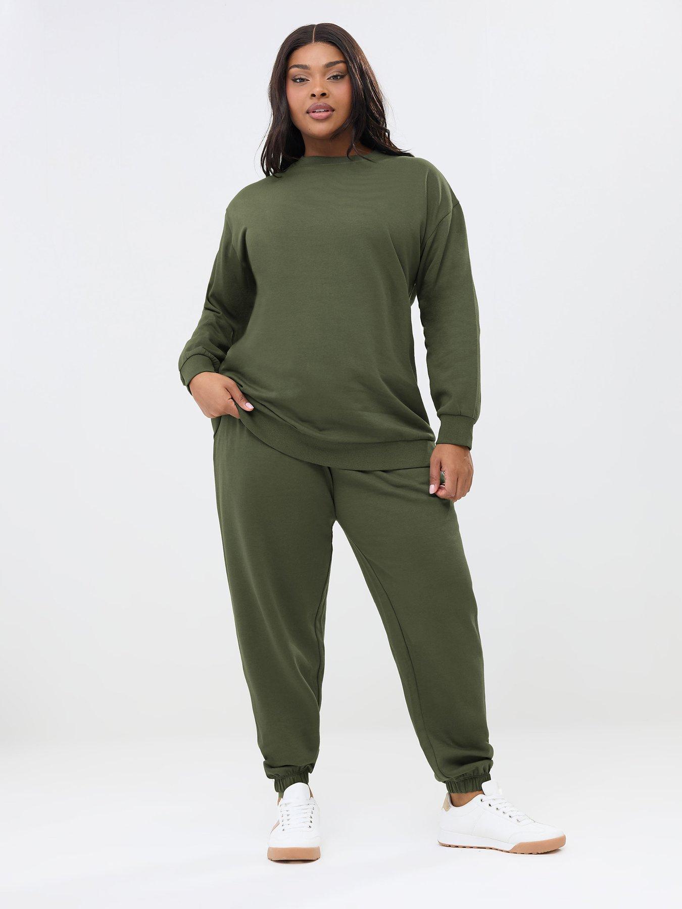 Image 1 of 5 of Yours Curve Crew Neck Cuffed Jogger Set - Green