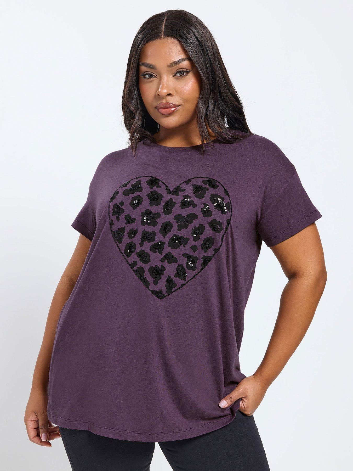Yours Curve Core Placement Heart T-shirt - Purple
