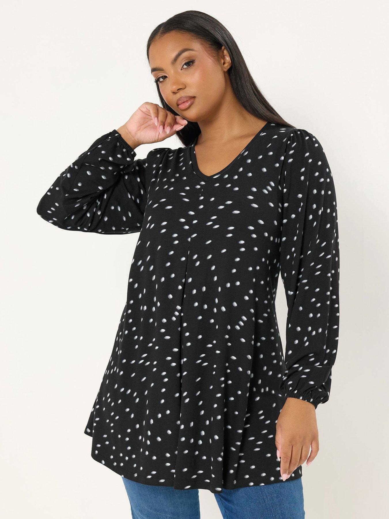 Yours Curve Pleat Polka Dot Balloon Sleeve Top - Black