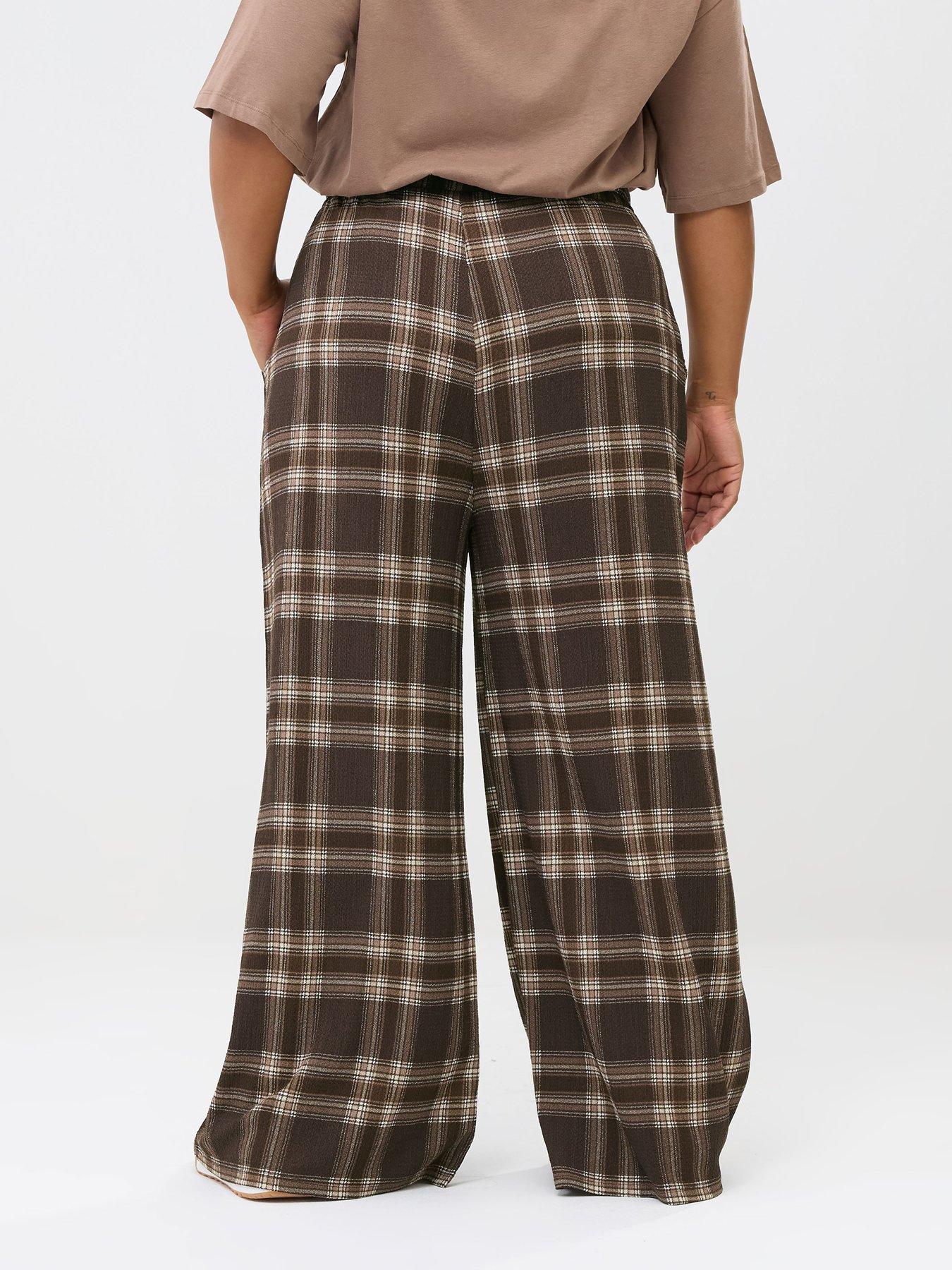 Image 2 of 5 of Yours Curve Check Crinkle Wide Leg Trousers - Brown