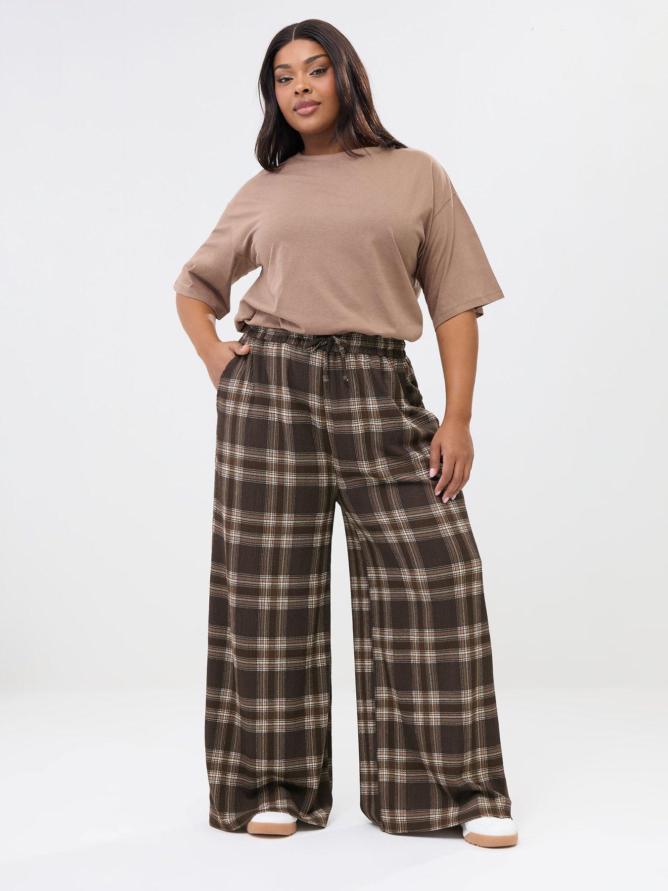 Image 3 of 5 of Yours Curve Check Crinkle Wide Leg Trousers - Brown