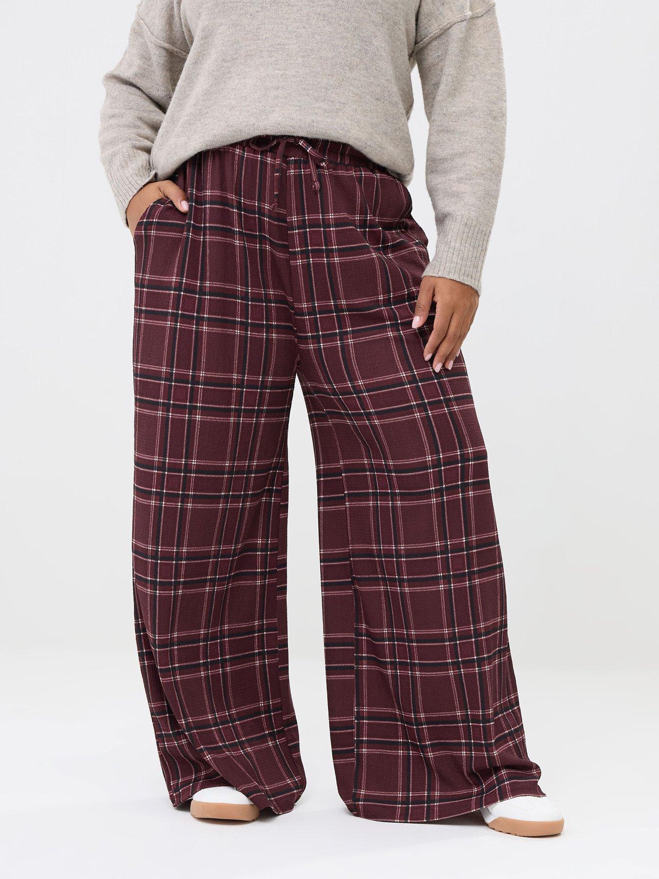 Yours Curve Check Crinkle Wide Leg Trousers - Red
