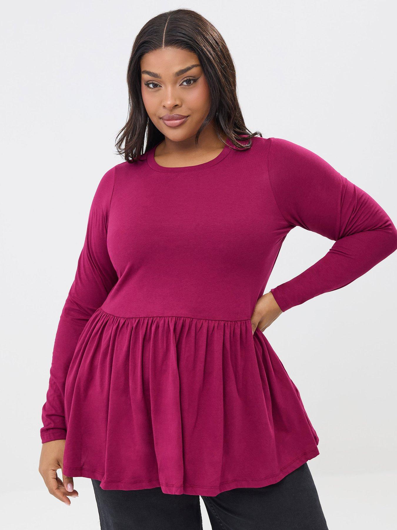 yours-curve-long-sleeve-peplum-cotton-top-pink