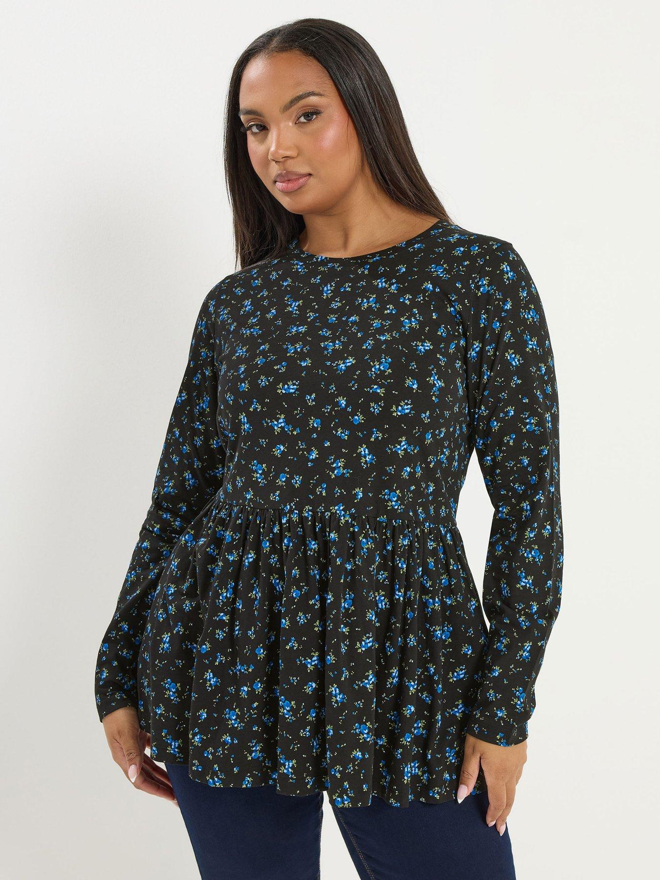 yours-curve-long-sleeve-peplum-cotton-top-bluefront