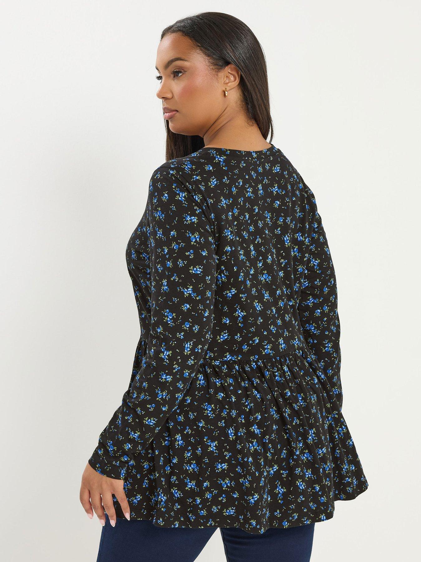 yours-curve-long-sleeve-peplum-cotton-top-bluestillFront