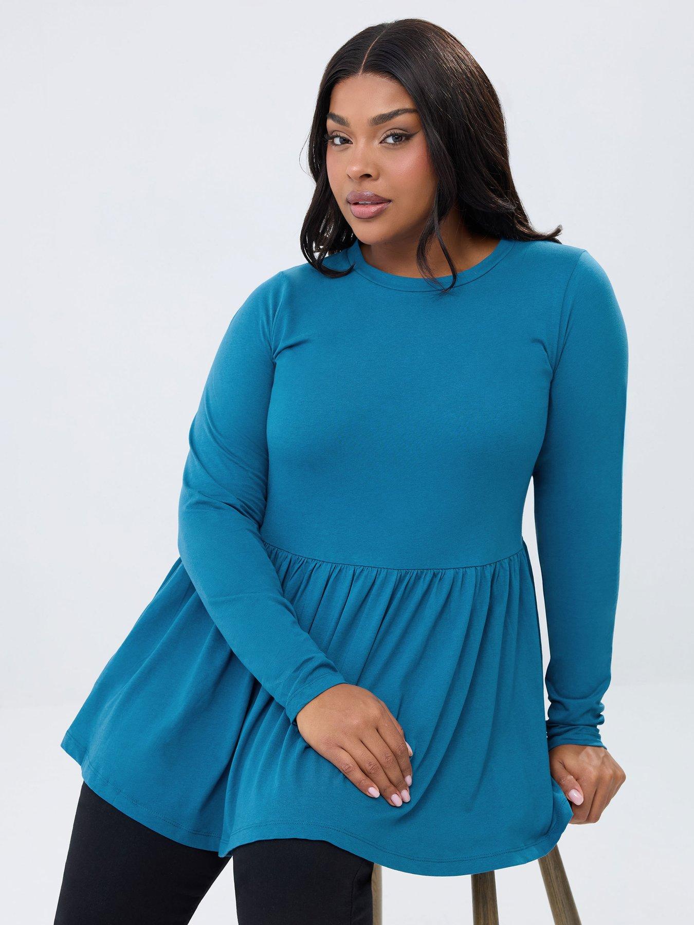 Yours Curve Long Sleeve Peplum Cotton Top - Blue