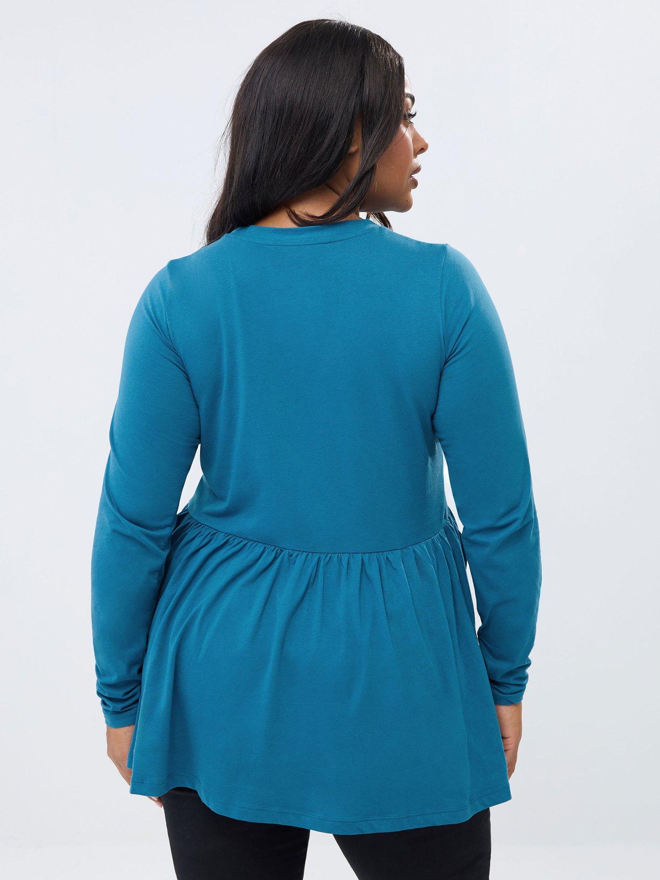 yours-curve-long-sleeve-peplum-cotton-top-bluestillFront