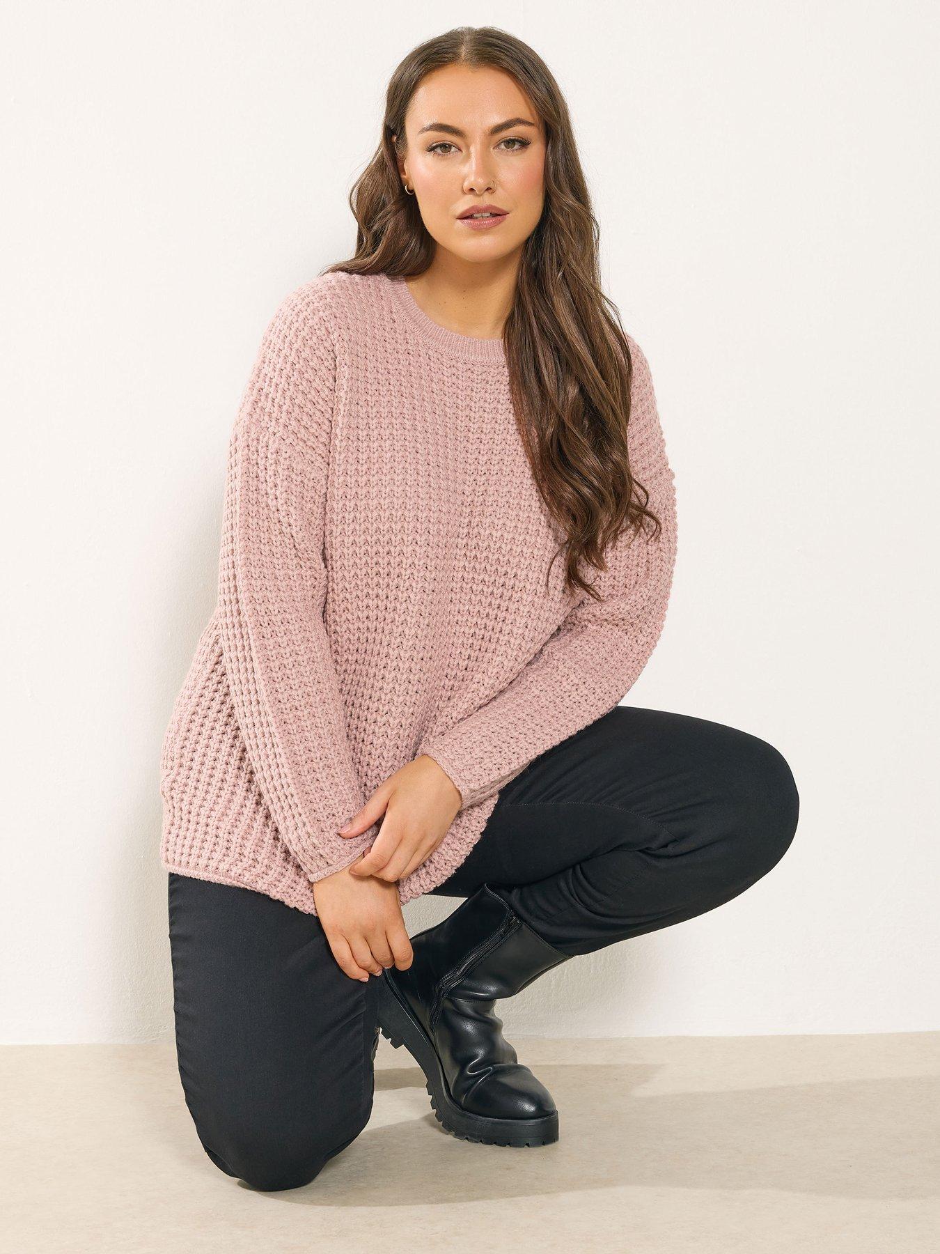 Yours Curve Waffle Knit Crew Neck Jumper - Pink