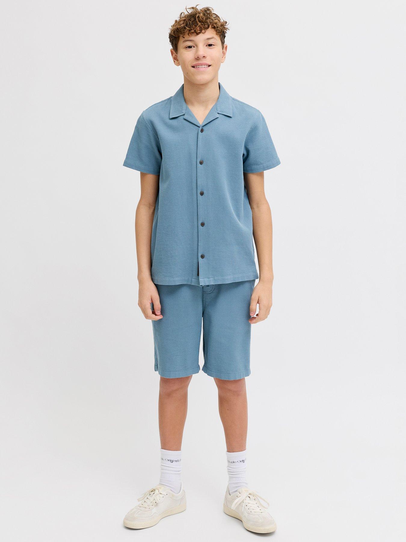 Jack & Jones Junior Boys 2 Piece Waffle Shirt Shorts Set - Blue