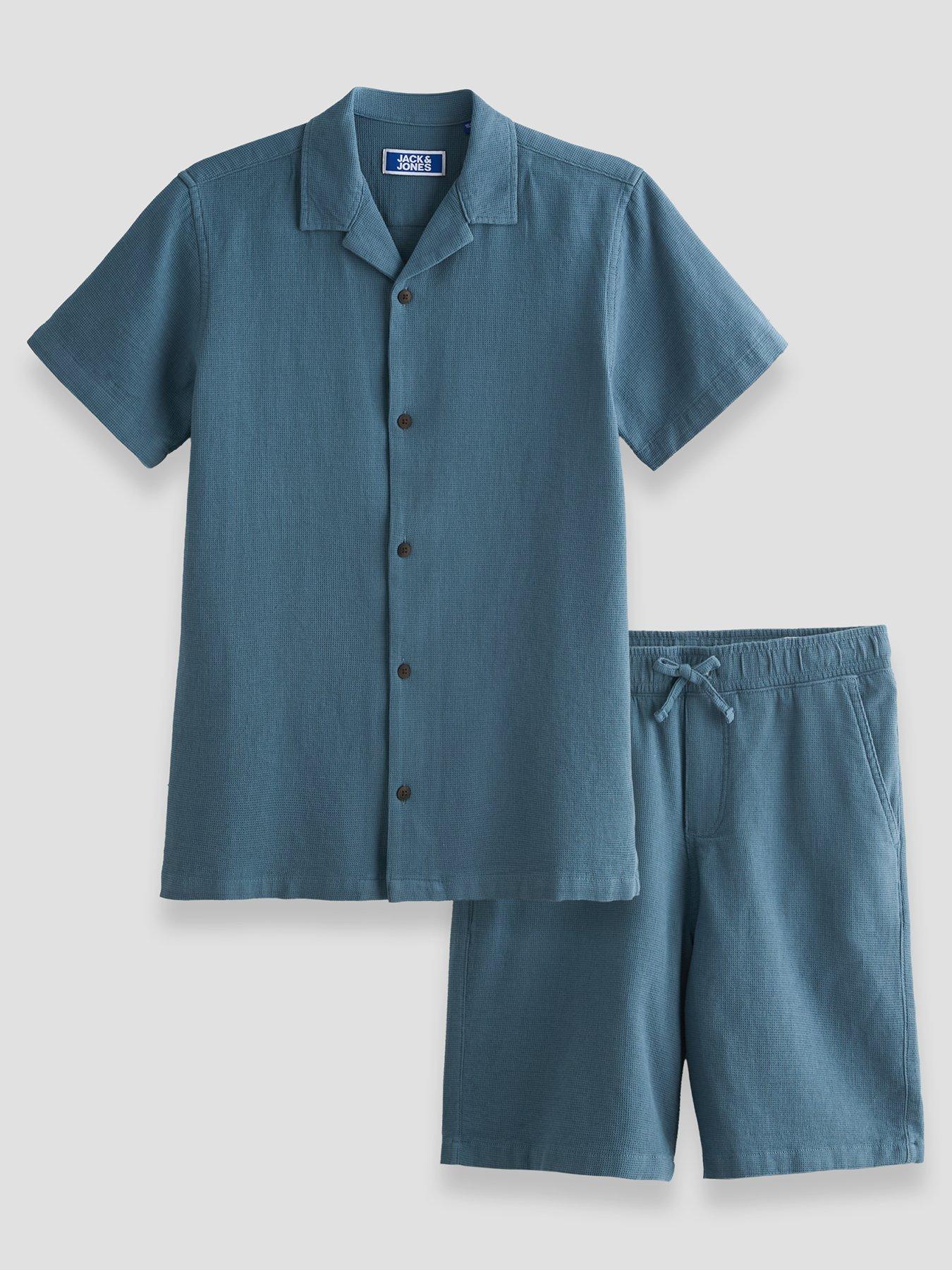 Image 1 of 6 of Jack & Jones Junior Boys 2 Piece Waffle Shirt Shorts Set - Blue