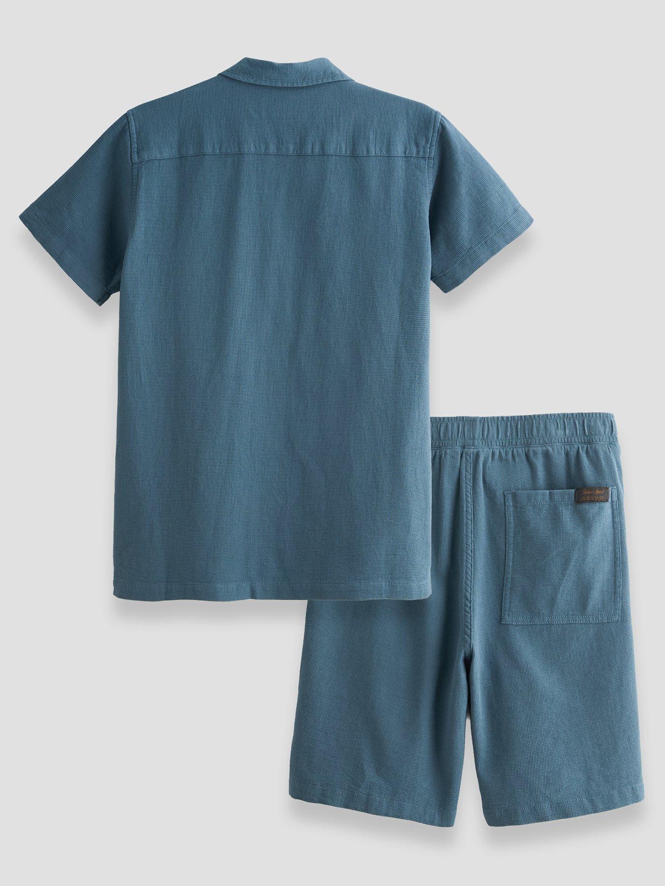 Image 2 of 6 of Jack & Jones Junior Boys 2 Piece Waffle Shirt Shorts Set - Blue