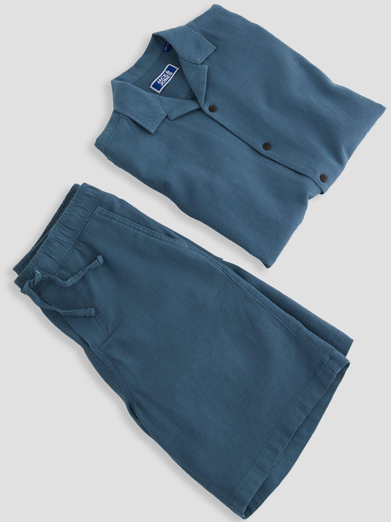 Image 4 of 6 of Jack & Jones Junior Boys 2 Piece Waffle Shirt Shorts Set - Blue