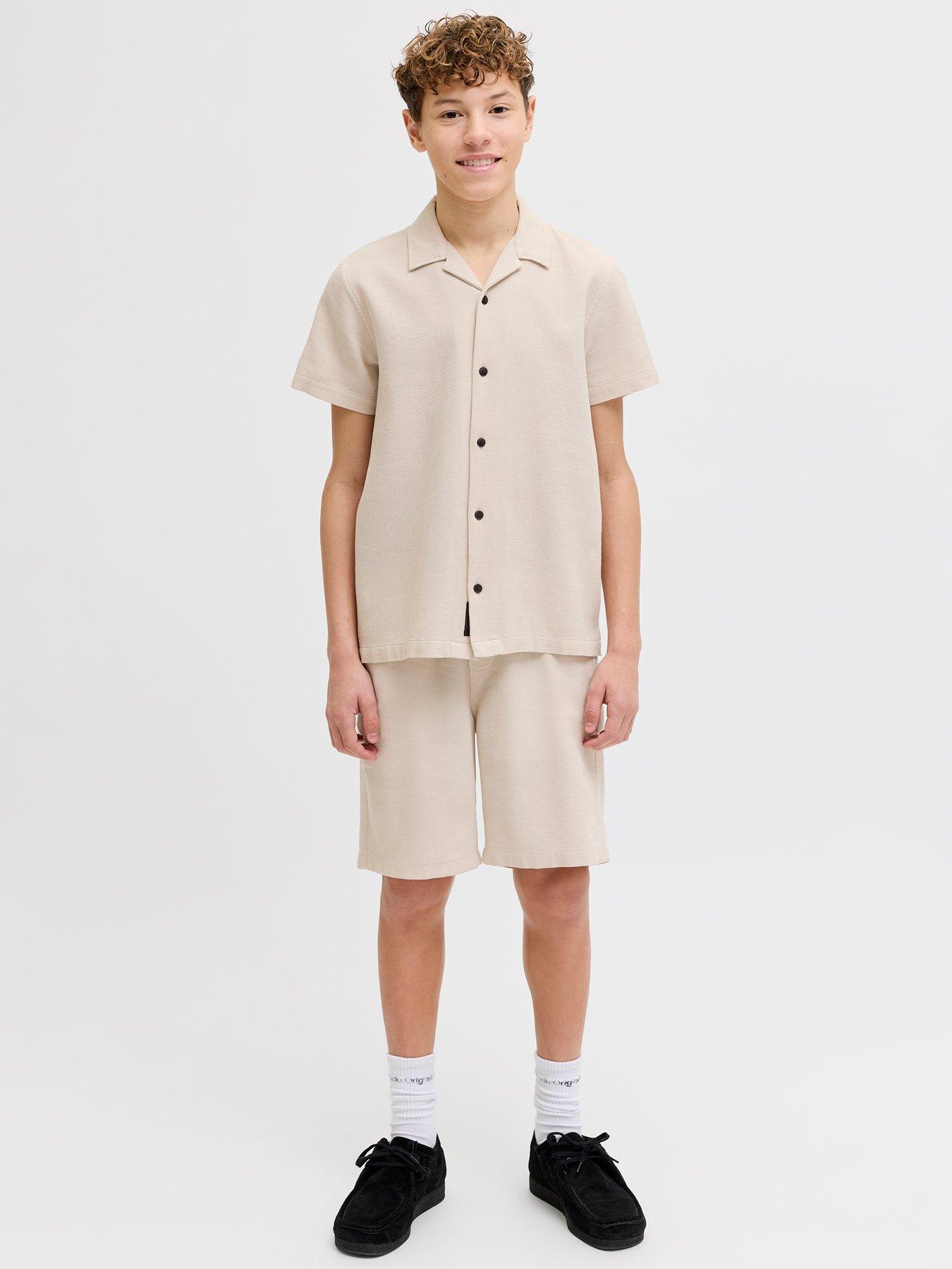 Jack & Jones Junior Boys 2 Piece Waffle Shirt Shorts Set - Beige