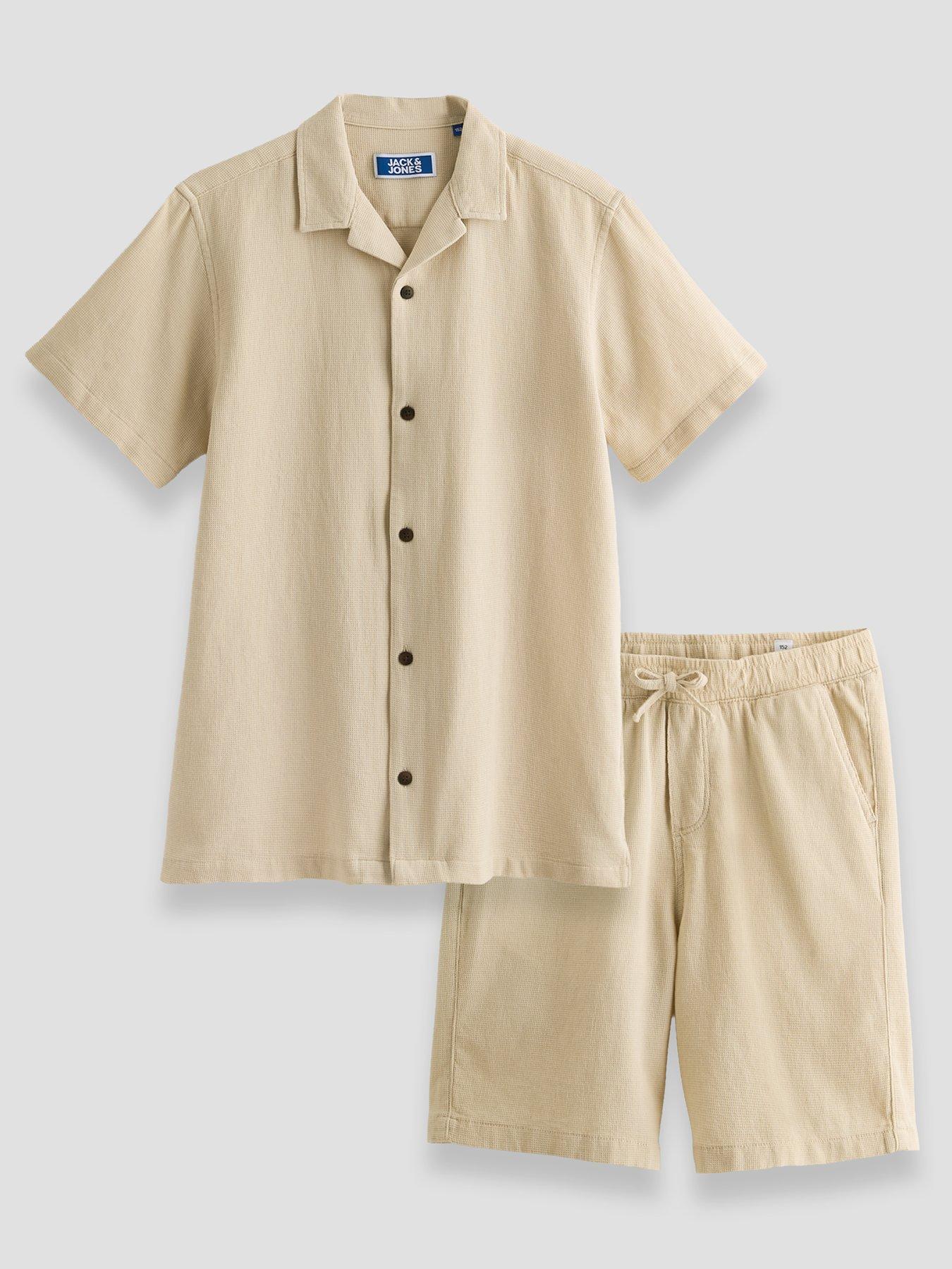 Jack & Jones Junior Boys 2 Piece Waffle Shirt Shorts Set - Beige