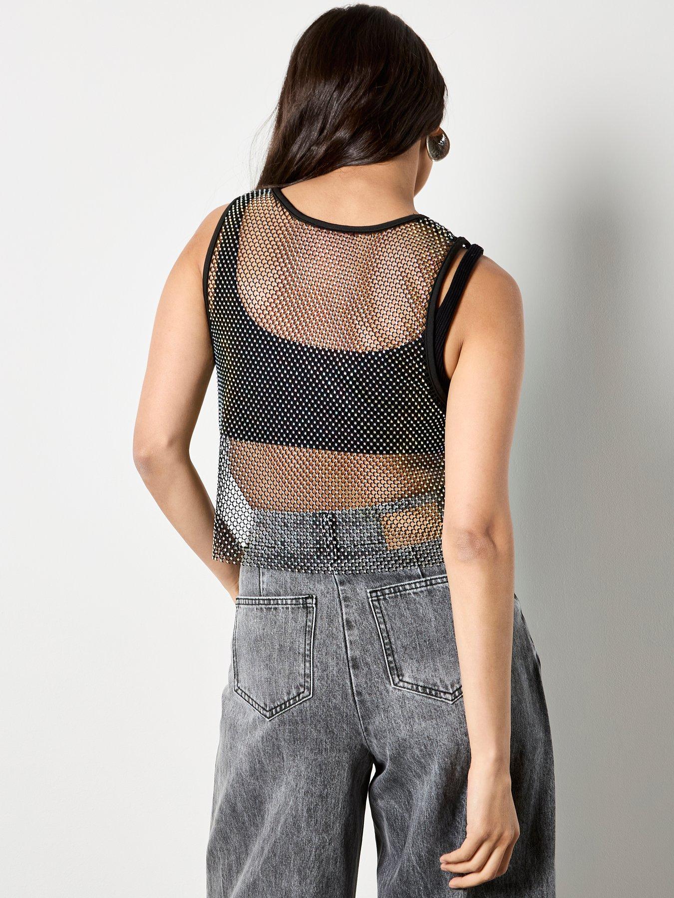 Image 2 of 4 of Apricot Rhinestone Mesh Cropped Vest