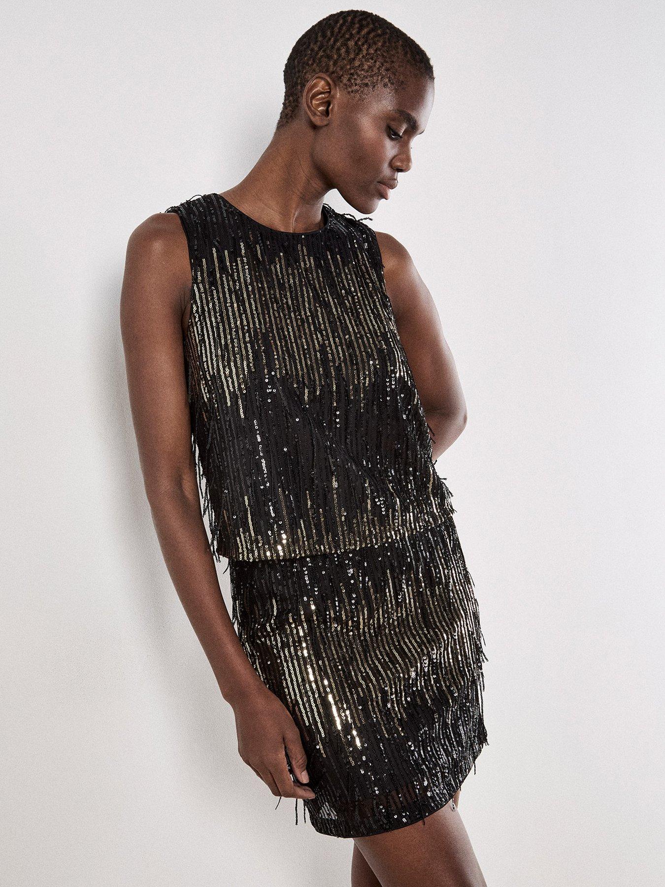 Image 1 of 4 of Apricot Sequin Stripe Fringe Shell Top