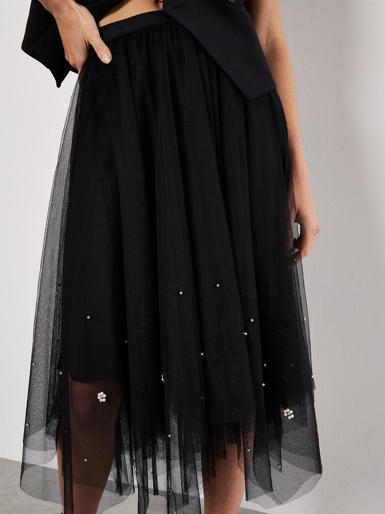 Image 1 of 4 of Apricot Pearls Hem Tulle Midi Skirt