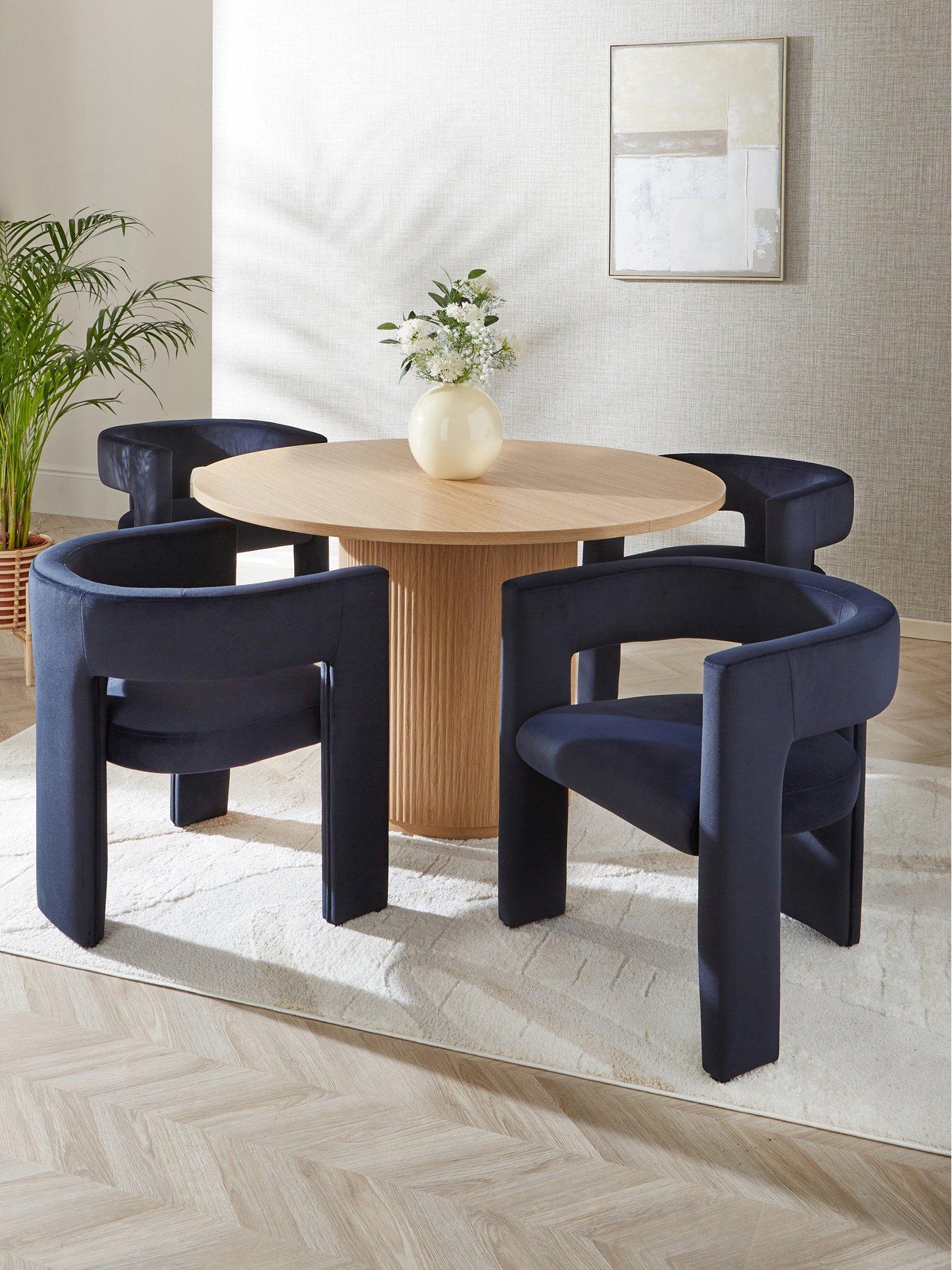 The Very Collection Carina Oak 120cm Round Dining Table & 4 Nell Navy Chairs