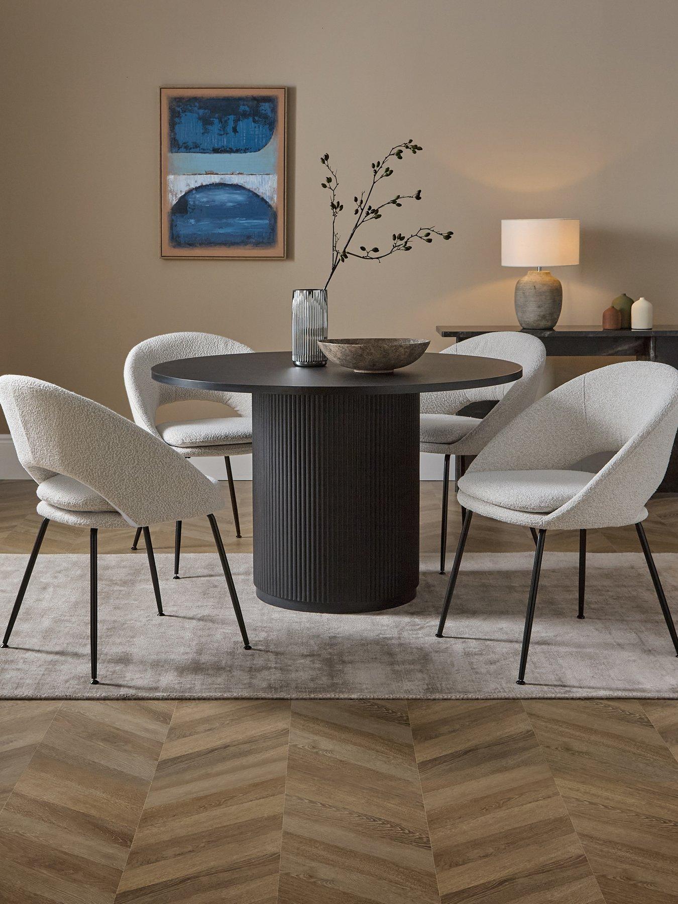 The Very Collection Carina Black 120cm Round Dining Table & 4 Aurelia Boucle Chairs