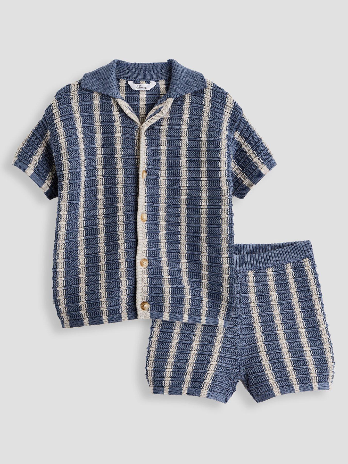 The Very Collection Boys Stripe Crochet Knitted Shirt And Shorts Outfit Set - Blue