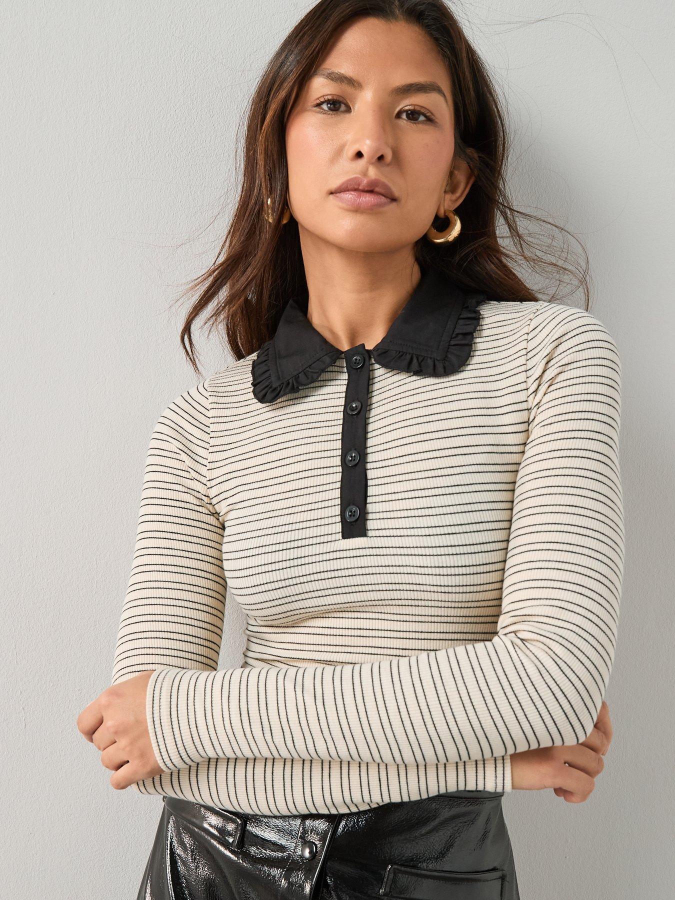 The Very Collection Frill Collar Stripe Polo Top - Mono