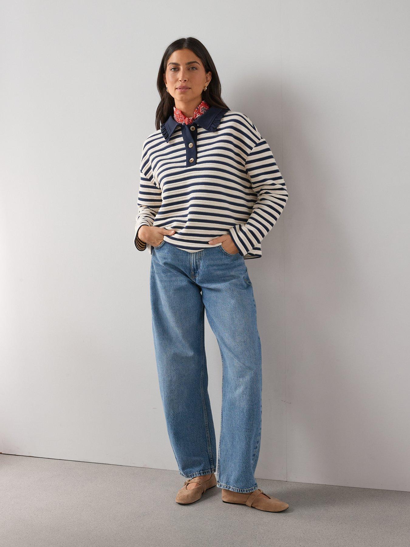 Image 3 of 6 of The Very Collection Frilled Collar Textured Stripe Top - Stripe