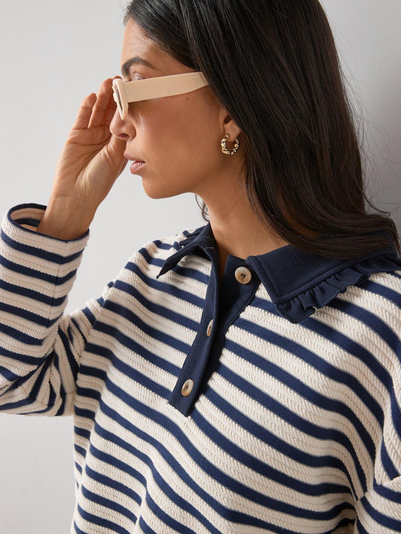 Image 4 of 6 of The Very Collection Frilled Collar Textured Stripe Top - Stripe
