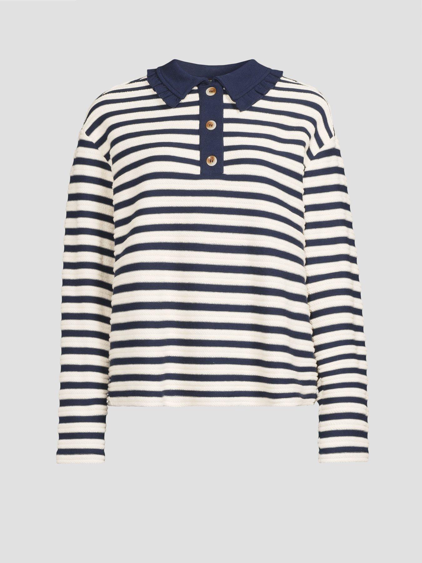 Image 7 of 7 of The Very Collection Frill Collar Textured Stripe Rugby Top - Navy