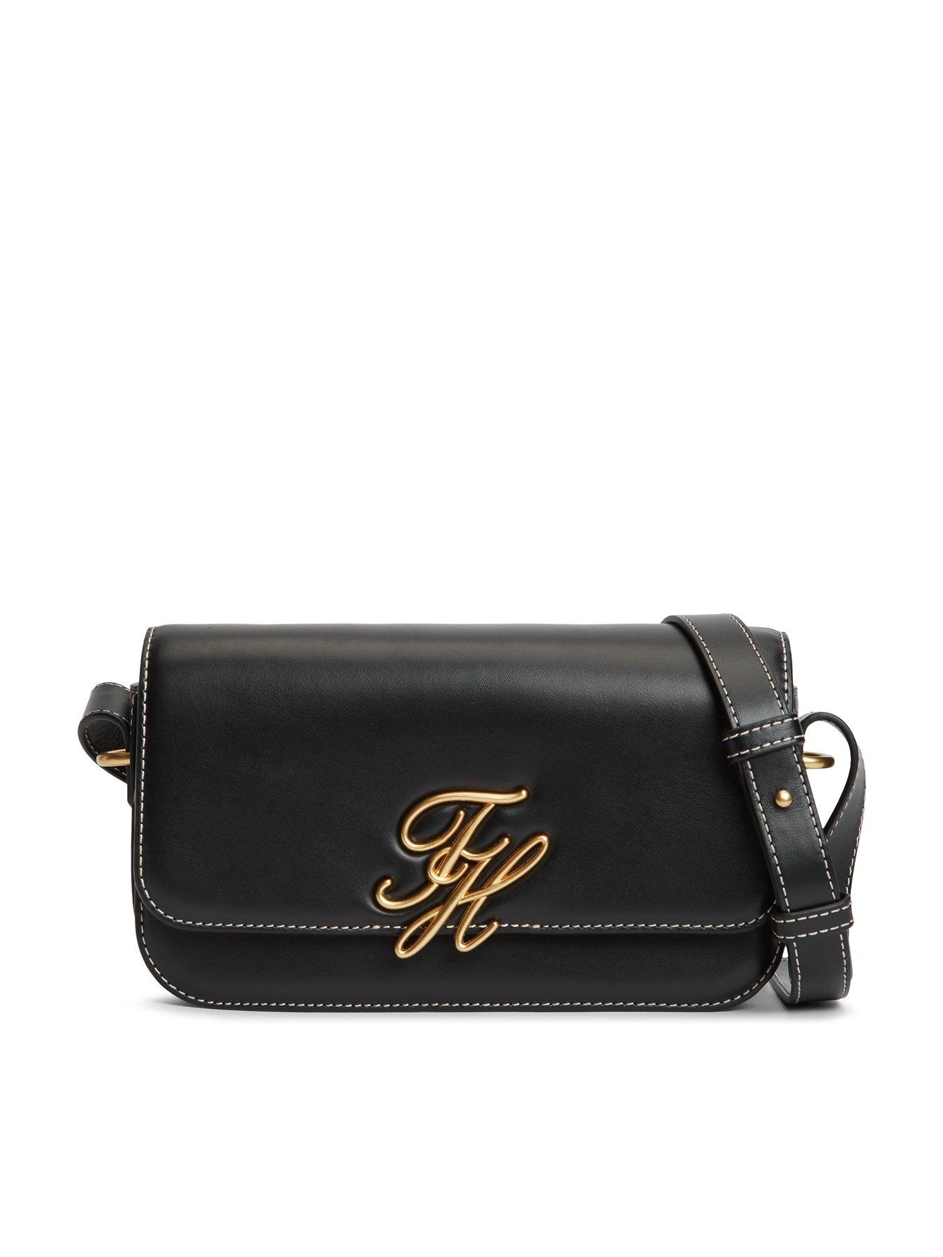 Tommy Hilfiger Script Flap Leather Crossbody Bag - Black