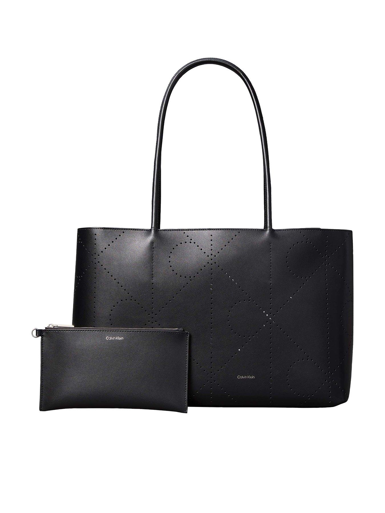 Calvin Klein Emblem Perforated Leather Tote Bag - Black
