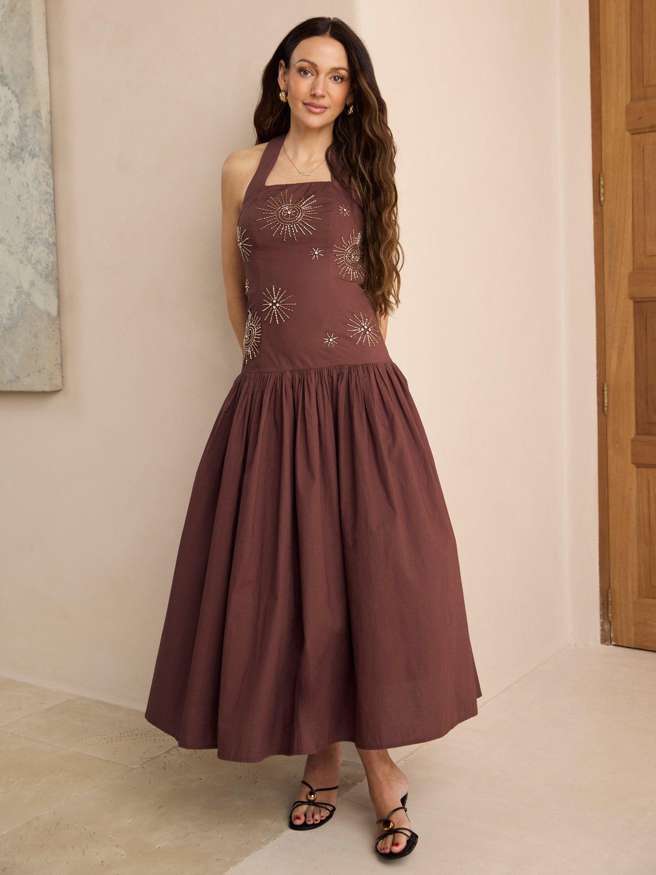 Michelle Keegan Embellished Halter Midaxi Dress - Brown