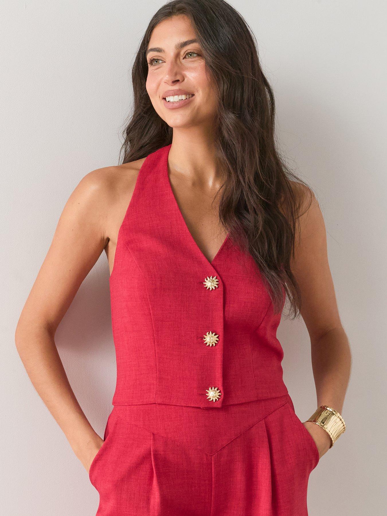 Image 1 of 6 of The Very Collection Statement Button Halter Waistcoat - Red