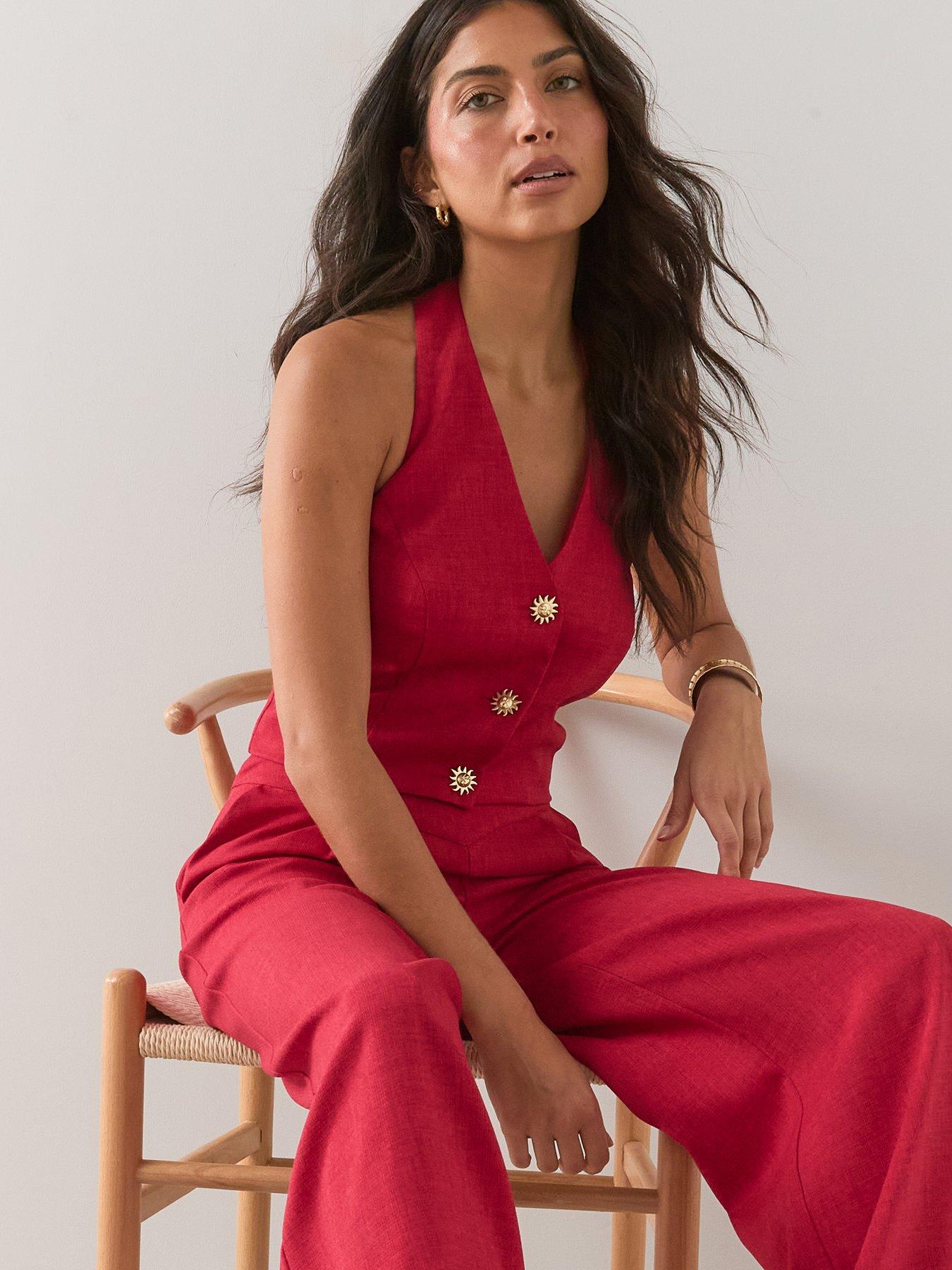 Image 3 of 6 of The Very Collection Statement Button Halter Waistcoat - Red